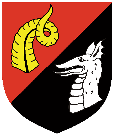 [	  Per bend sinister gules and sable, a ram's horn Or and a dragon's head couped argent.]